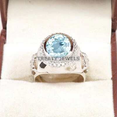 Piedras preciosas de aguamarina de corte ovalado con anillo de plata de ley 925 para hombre #A779 Foto 1 de 4
