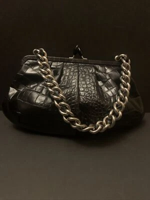 JANE AUGUST Black Alligator Print Patent Leather Shoulder Bag w/ Chain Strap - Image 1 of 4