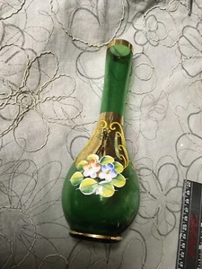 Royal Sealy Japan Bohemian Style Green Glass Vase Raised Enamel Flowers Gilt 7" - Picture 1 of 4