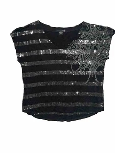 Fox Black Sequin Striped V Neck Size XS - Picture 1 of 7