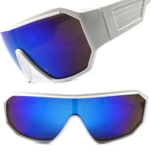 Retro Futuristic Sci-Fi Party Costume Blue Mirrored Lens White Wrap Sun Glasses - Picture 1 of 4