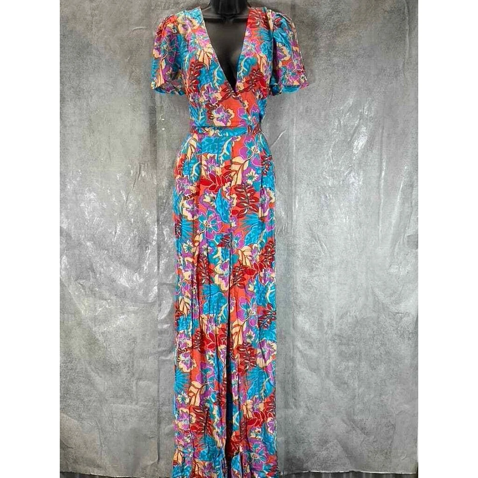 INC X Jeannie Mai Women's Multicolor Printed V-Neck Puff-Sleeve Jumpsuit SZ M — 第 1/4 张图片