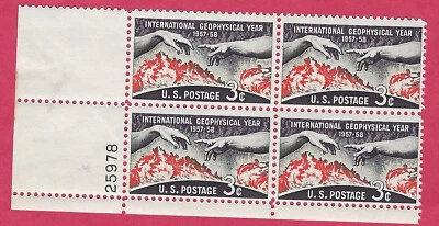 US  SCOTT #1107  INTERNATIONAL GEOPHYSICAL   MINT NH 3¢ PLATE BLOCK OF 4   1960 - Image 1 of 2
