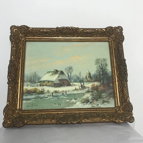 Anton Muller oil on canvas signed painting Framed Farm house scene Cover