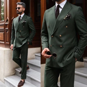 Men's Suit Green Double Breasted Peak Lapel Business Groom Tuxedo Wedding Prom - Picture 1 of 11