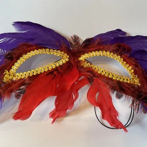 Fancy Feather Eye Mask Costume Purple Red Gold Mardi Gras Halloween - Picture 1 of 8