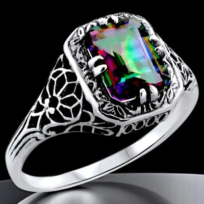 ANEL DE FILIGRANA DE PRATA ESTERLINA 925 QUARTZO MÍSTICO ARCO-ÍRIS ESTILO ANTIGO DECO #810 - Imagem 1 de 3