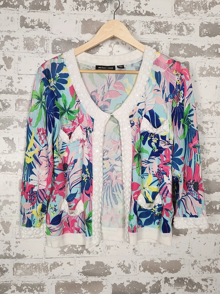 Cárdigan suéter tropical colorido con cuentas Michael Simon para mujer pequeño grande de colección Foto 1 de 4