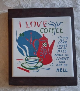  Vintage "I Love Coffee" weiße Keramikfliese Untersetzer montiert auf 1" Holzsockel - Bild 1 von 6