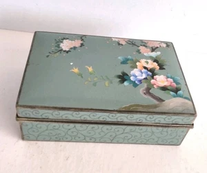 Vintage Inaba Japan Cloisonné Jewelry Trinket Box Teal Blue Cherry Blossom Tree - Picture 1 of 24