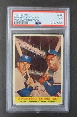 1958 Topps Mickey Mantle Hank Aaron World Series Batting Foes #418 PSA 3 - Image 1 of 3