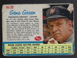 1962 Post #72 Gene Green Washington Senators Catcher Off-Condition Baseball Card - Picture 1 of 1