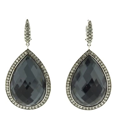 Quartz & Hematite Diamond Halo 18k White Gold Drop Earrings - Image 1 of 4