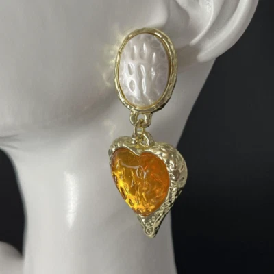 Amber Heart Gold Tone Pierced Poured Resin Earrings - Image 1 of 4