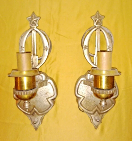 VTG Antique Art Deco Nouveau Arts & Craft NICKEL Wall Sconce PAIR 1900-1940 Cover