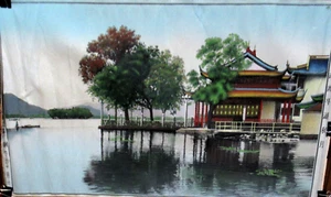 CHINESISCHER TEMPEL SEIDE BESTICKT GOBELIN SIGNIERT - Bild 1 von 6