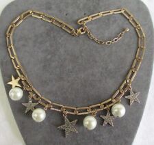 Star and Simulated Pearl Chain Necklace, Star Necklace, Bronze Tone, NE/73