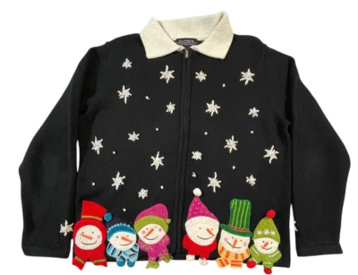 All Points 雪人圣诞毛衣开衫大号黑色拉链前拉米棉 — 第 1/4 张图片