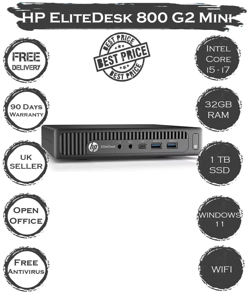 HP EliteDesk 800 G2 Mini Desktop PC Core i5 i7 6th Gen 3.4GHz 32GB RAM 1TB SSD - Image 1 of 3