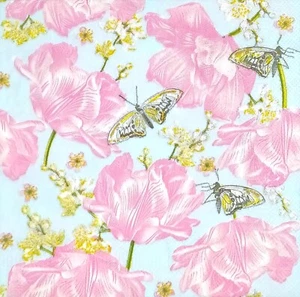 R653# 3 servilletas de papel individuales para decoupage rosa tulipán flor patrón azul cielo - Imagen 1 de 10