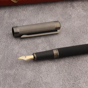 Lujo Cuero Negro Pluma Fuente Pistola de Metal Onda Gris Plumas de Tinta Doradas Nuevo  - Imagen 1 de 7