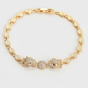 18K Gold Plated Icy Crystals Red Eyes Panther Cougar Heads Bracelet. Oro Laminad - Picture 1 of 5