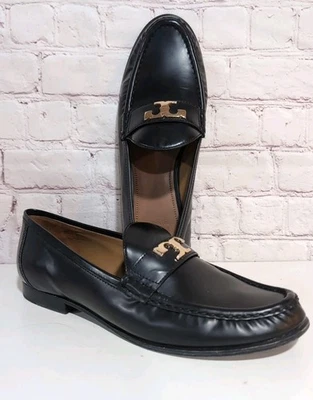 TORY BURCH Townsend Size 10 Glossy Black Leather Gold T Loafers Flats Shoes  - Image 1 of 4