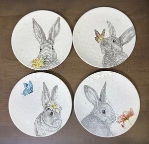 Pier 1 SKETCH BUNNY 8.5" Salad Plate Set 4Pc Rabbit Flower Butterfly Ladybug - Picture 1 of 11