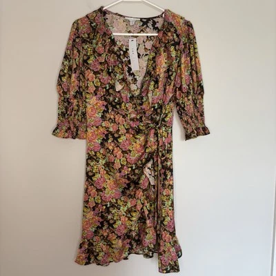 TOPSHOP NEW Wrap Mini Dress Women's 10 Pink Floral Ruffle 1/2 Puff Sleeve Tie - Изображение 1 из 3