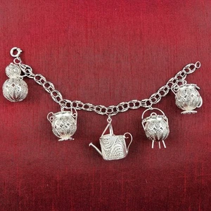 Antique Charm Bracelet Sterling Silver Filigree Vintage Jewelry Jugs Pots Urns - Picture 1 of 12