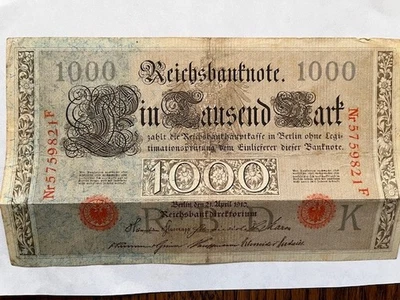 Pre-WWI German 1000 Marks Reichsbanknote in circulated, clean condition - Image 1 of 2