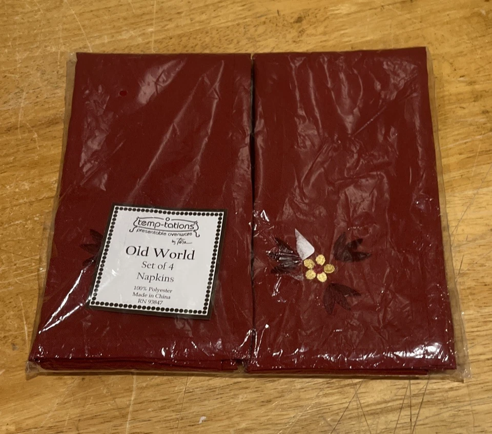 Old World Temp-Tations Burgundy Floral 4 Napkins Maroon Red Flower Temptations - Image 1 of 4