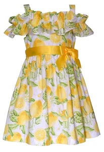 NEW Bonnie Jean Girls Size 14 "YELLOW LEMON POPLIN" Cotton Cold-Shoulder Dress - Picture 1 of 3