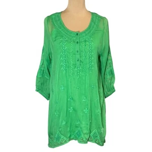 NUEVO SIN ETIQUETAS Túnica Anthropologie Monoreno Bordada Talla L Verde Gasa Boho Cottage - Imagen 1 de 13