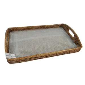 Pottery Barn Tava Handwoven Rattan Rectangular Serving Tray Glass Insert Large - Picture 1 of 4
