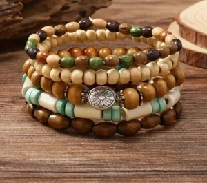 Bracelet Set 5 Piece Boho Wood Bead Stretch 7” plus 226 - Picture 1 of 3
