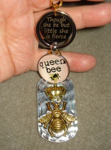 6 1/4" Drop Dangle "Though she be but little she is fierce" Queen Bee Key Ring - Picture 1 of 12