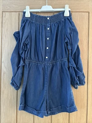Girls river island off the shoulder denim playsuit, age 7 - Image 1 of 4