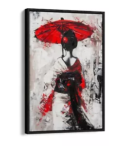 GEISHA GIAPPONESE CON OMBRELLONE ROSSO - EFFETTO GALLEGGIANTE TELA INCORNICIATA STAMPA DA PARETE ARTE - Foto 1 di 8