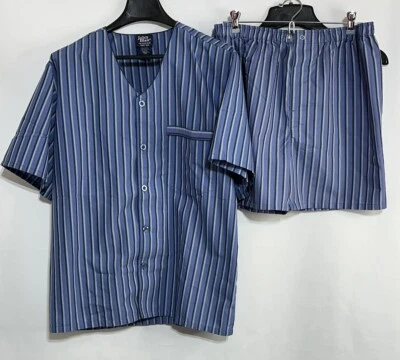 John Blair Hombres Mediano Azul Rayas Pijama Pantalones Cortos Noche Pecho Bolsillo Botón Camisa Foto 1 de 4