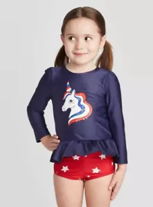 Costume da bagno bambina 2 pezzi manica lunga protezione eruzioni cutanee unicorno e stelle nuovo con etichette Cat & Jack - Foto 1 di 1