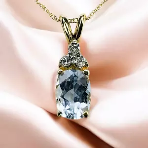 VINTAGE- 14K Gold -Natural Aquamarine & Diamond Necklace-18"- 1 Carat TW -1.3g - Picture 1 of 24