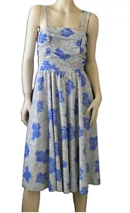 Vintage 1970s/70s home-made white/blue patterned ruched bodice dress UK10/12 - Picture 1 of 6