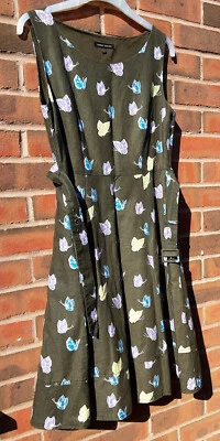 Laura Ashley Dark Green Butterflies Print Sleevless Linen Blend Dress Size 14 Uk - Image 1 of 4