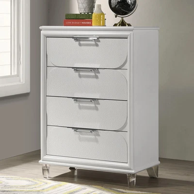 Contemporary Glam Pearl White Tall Dresser 5-Drawer Chest Acrylic Handles - Image 1 of 4