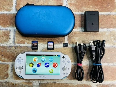 PS Vita Light Blue White PCH-2000 Sony Japan Mobile Case 8GB Charger 2Game DDP - Image 1 of 4