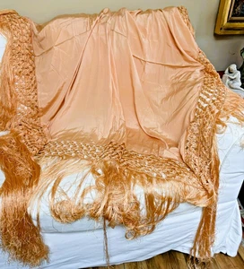 Antique 1920s Silk Canton Embroidered Piano Shawl, Fringe, Orange Tangerine - Picture 1 of 15