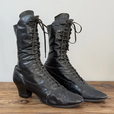 Antique Victorian Edwardian Tall Boots Womens Black Leather Lace Up 1890s Witchy - Image 1 of 4