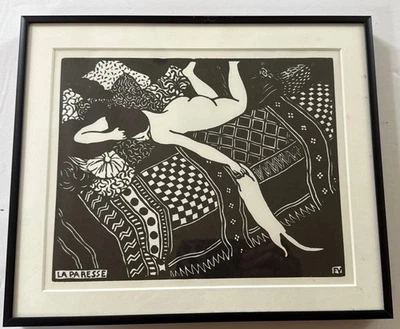 Antigo La Paresse Felix Vallotton 1896 Xilogravura Estampa Moldura Preguiça Gato Nu - Imagem 1 de 4
