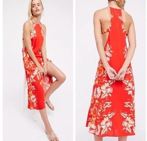 Free People Taglia S Rosso Floreale Halter Back To You Abito Midi Tagliato Laterale Piccolo - Foto 1 di 11